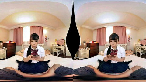 Japanese schoolgirl in VR erotic play, sitting on bed with phone
