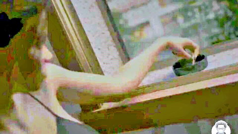 Misterdoktor's visual novel scene: teasing woman in strapless top by window, eruption imminent #44