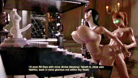 Busty CG anime redhead and green-eyed woman in explicit embrace, fantasy hardcore scene