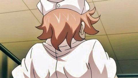 Red-haired anime nurse in tight white uniform, big ass back view