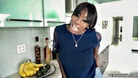 Ebony Mystique smiling seductively in sheer top, teasing fruits for stepmom fantasy