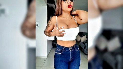 Dianita 1988 curvy Latina in tight white crop top showing cleavage