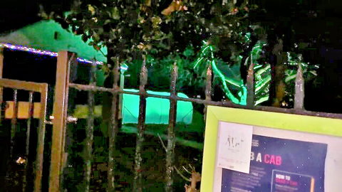 Cracky outdoor night scene with green lights at Airbnb cab, cumshot tease