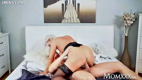 Stunning blonde MILF Katie Anderson in lingerie riding cock passionately