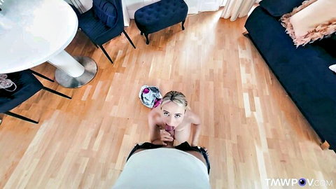 Blonde teen Ann Joy kneels for POV blowjob on huge cock