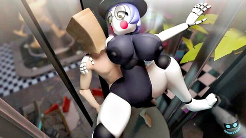Clown puppet girl with huge black tits and fat ass rides box-headed puppet in reverse cowgirl