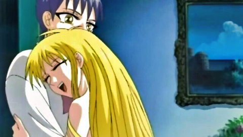 Blonde bimbo hentai girl embraced from behind by purple-haired guy