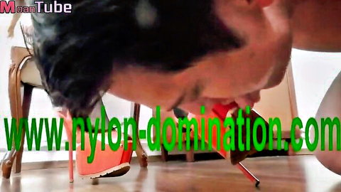 Russian mistress in nylons dominates with feet, foot fetish submission scene
