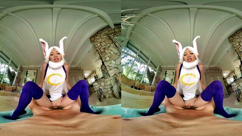 Petite Asian bunny cosplay babe spreading shaved pussy wide on pool edge