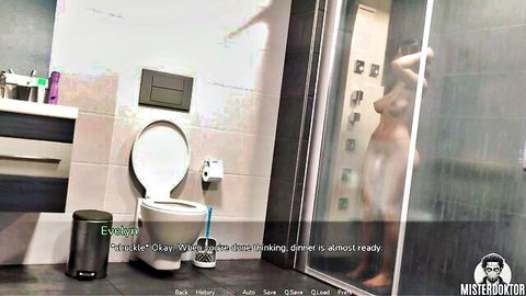 Nude curvy woman showering behind frosted glass door in steamy bathroom