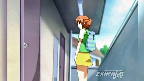 Anime schoolgirl with orange pigtails in short yellow skirt looking back over shoulder from behind