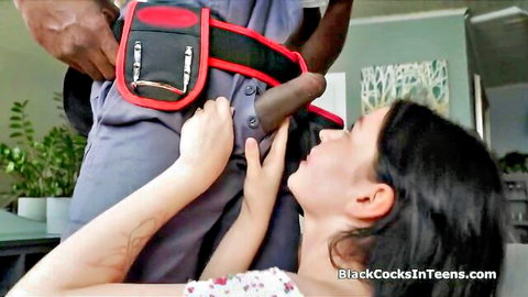 Black plumber teases petite Asian teen with big black cock in plumber roleplay