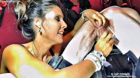 Dominatrix Annabelle in BDSM handjob tease, mature brunette femdom