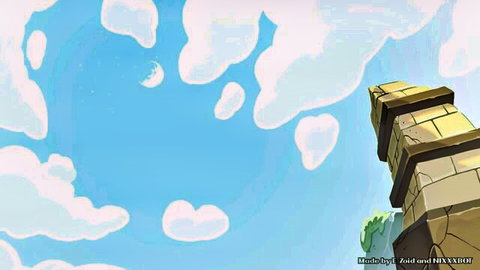 Cartoon stone tower under blue sky with clouds and crescent moon in fantasy landscape