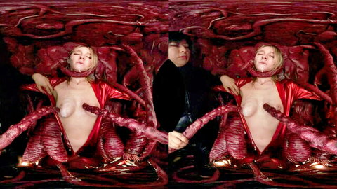 Blonde in red lingerie entangled by red tentacles, VR explicit scene
