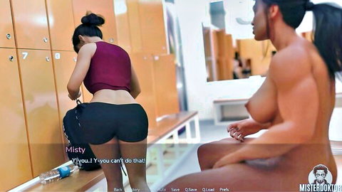 Busty muscular Asian woman nude sitting beside friend in tight shorts and top