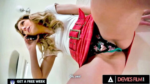 Blonde Addison Vodka exposes shaved pussy in red skirt on phone call