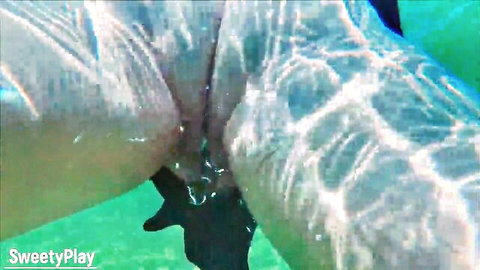 Underwater lesbian creampie sex between two women on beach