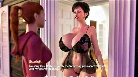 Scarlett in black lingerie seduces busty redhead stepdaughter in mirror