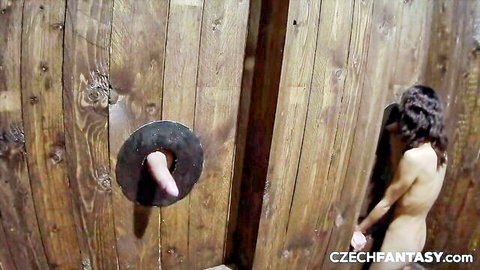 Brunette Czech babe with small tits grabs cock through gloryhole door