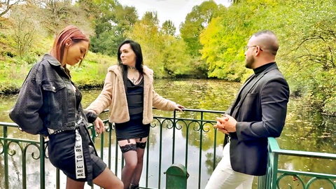 Marina exhibitionism outdoors with friends in stockings and mini skirt