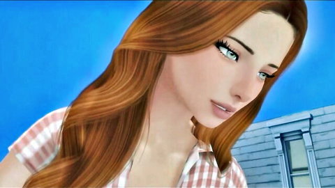 Sexy redhead horror villain hottie in checkered shirt, seductive gaze