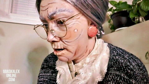 GoAskAlex in granny makeup for Bible Study roleplay, surprised expression