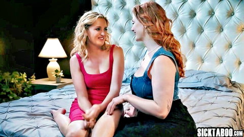 Blonde cougar in red dress seduces redhead crush on bed