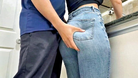 Levi Solen as maid in tight jeans, ample ass groped by man in kitchen