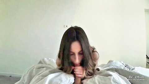 Brunette stepsister kneeling on bed for morning blowjob and cum