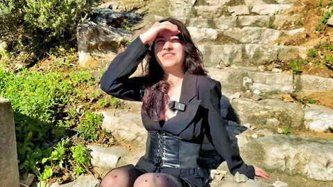 Ayori, 21yo French amateur in black corset and stockings outdoors