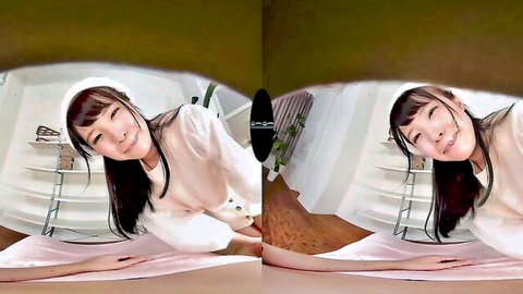 Cute Japanese teen with pigtails smiles teasingly in white blouse POV VR view