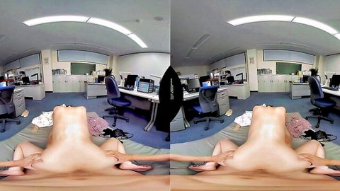 Naked Asian babe spreading legs exposing pussy in hot VR office porn