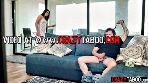 PAWG step-niece catches tattooed step-uncle with pants down on couch