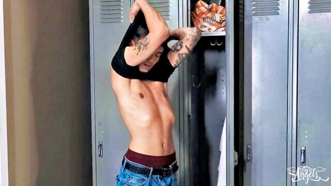 Tattooed slim college twink stripping shirtless in jeans