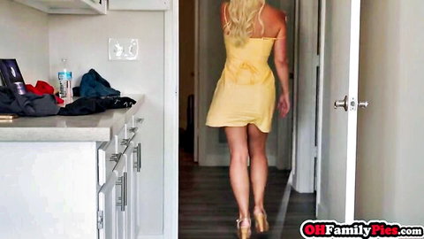 Blonde stepmom in short yellow dress teasing ass walk to bedroom