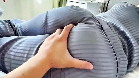 Russian teen babe in tight gray dress, hand grabbing ass in homemade scene