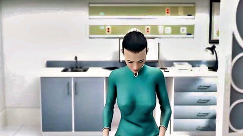 3D animated Asian woman in shiny teal bodysuit posing in sci-fi lab