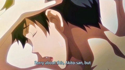 Anime male character apologizing to Akito-san in emotional hentai scene from Tsumamigui 3 Ep.2