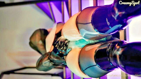 Woman's shaved creamy pussy oozing thick cum creampie between spread thighs in shiny purple boots