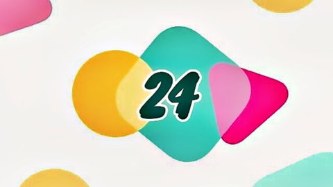Vibrant colorful graphic with bold number 24 surrounded by pink yellow teal shapes on white background