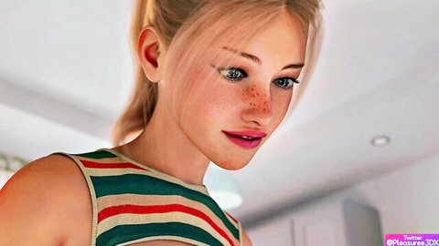 3D CGI blonde ponytail girl with freckles smiling seductively in striped tank top