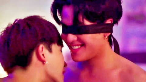 Two shirtless Asian men share intimate blindfold moment in Boys Love Cut Deep Night