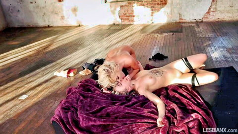 Kenna James kisses Anna Claire's nude body in steamy lesbian scene with stockings