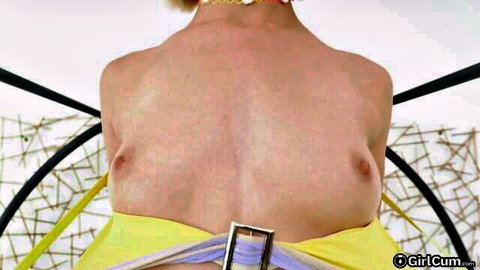 Petite blonde teen with small perky tits and nipples exposed in yellow skirt bedroom solo
