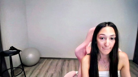 Young brunette webcam teen spreads legs wide exposing perky tits in solo tease