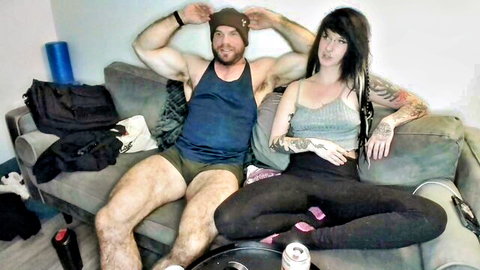l0v35_2_5p00g3 with muscular guy relaxing on couch in casual wear