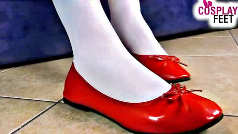 Cosplay feet model teasing in white stockings and red ballet flats shoeplay