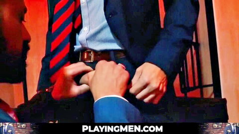 Suited coworker grabs big black cock from unzipped pants in office
