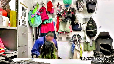 Curvy leather MILF giving blowjob to mall cop in uniform